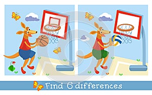 Find 6 differences. Puzzle game for children. Cute kangaroo playing basketball. Sports for children. Cartoon character