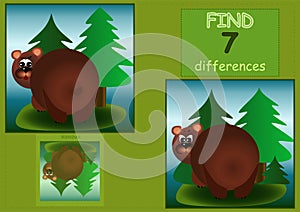 Find 7 differences brown bear from the back in the forest children\'s illustration