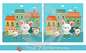 Find 7 differences. Educational puzzle game for children. Cute cartoon stylised mice in city eating ice cream. Scene for