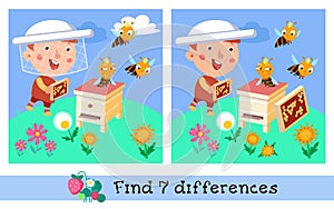 Find 7 differences. Game for children. Activity, color vector illustration. Cute beekeeper and bees near the beehive.