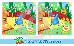 Find 7 differences. Game for children. Activity, vector illustration. Cute mouse near house in summer garden