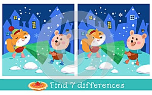 Find 7 differences. Game for children. Cute bear and fox are carrying Christmas tree. Cartoon characters on street in