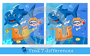 Find 7 differences. Game for children. Cute boy and treasure under water. Funny shark, seascape, cartoon style scene