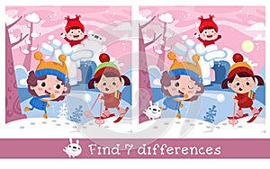 Find 7 differences. A game for children. Cute boys and girls skiing, playing snowballs near the snow fortress. Winter