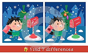 Find 7 differences. Game for children. Cute hedgehog carries letter for Santa Claus. Mailbox, Christmas tree on