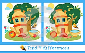 Find 7 differences. Game for children. Fairy tale ceramic teapot house with teacup pool in woods against tree background