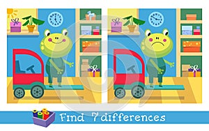 Find 7 differences. Game for children. Frog and forklift. Education for children. Preschool activity. Vector