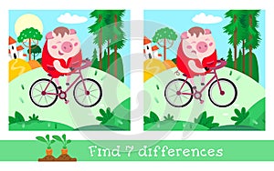 Find 7 differences. Game for children. Laughing cute pig on bike. Activity, vector illustration.