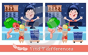 Find 7 differences. Game for children. Vector color illustration. Cartoon characters in market. Cute dog buy food in