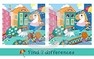 Find 7 differences. Game for children. Vector color illustration. Horse with dog in city. Cartoon cute characters.