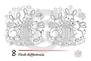 Find 8 differences. Black and white illustration of cute Easter bunnies. Logic puzzle game for children and adults. Page for kids