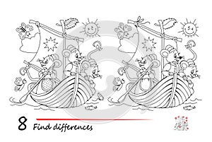 Find 8 differences. Black and white illustration of cute mice sailing. Logic puzzle game for children and adults. Page for kids