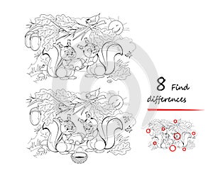 Find 8 differences. Black and white illustration of squirrels collecting acorns. Logic puzzle game for children and adults. Page