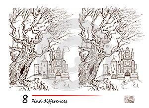 Find 8 differences. Illustration of ancient castle in the forest. Logic puzzle game for children and adults. Page for kids brain