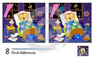 Find 8 differences. Illustration of bear sleeping in bed at night. Logic puzzle game for children and adults. Page for kids brain