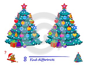 Find 8 differences. Illustration of Christmas tree. Logic puzzle game for children and adults. Brain teaser book for kids. Play