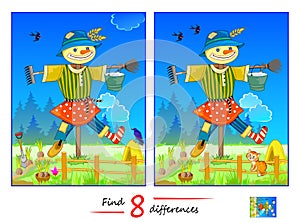 Find 8 differences. Illustration of a cute garden scarecrow. Logic puzzle game for children and adults. Page for kids brain teaser