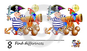 Find 8 differences. Illustration of cute pirate near the gun. Logic puzzle game for children and adults.