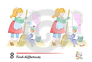 Find 8 differences. Illustration of little girl sweeping floor with her cat. Logic puzzle game for children and adults. Page for
