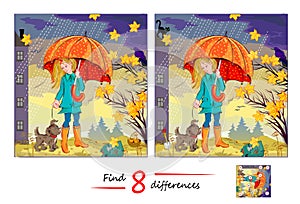 Find 8 differences. Illustration of a little girl walking with puppy. Logic puzzle game for children and adults. Page for kids