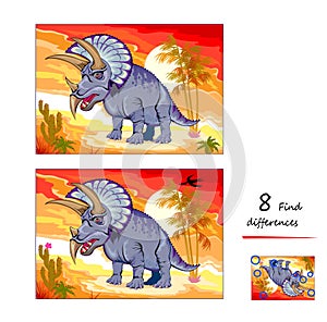 Find 8 differences. Illustration of prehistoric extinct dinosaur triceratops. Logic puzzle game for children and adults. Page for