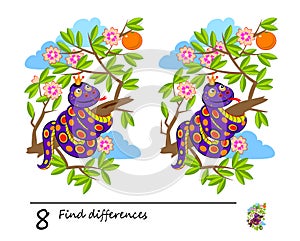 Find 8 differences. Illustration of a snake in the tree. Logic puzzle game for children and adults. Brain teaser book for kids.