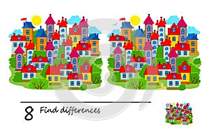 Find 8 differences. Illustration of a town and houses. Logic puzzle game for children and adults. Brain teaser book for kids. Play