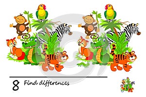 Find 8 differences. Logic puzzle game for children and adults. Page for kids brain teaser book. Illustration of cute animals in