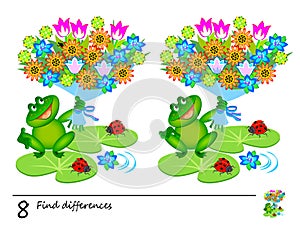 Find 8 differences. Logic puzzle game for children and adults. Page for kids brain teaser book. Illustration of cute frog with