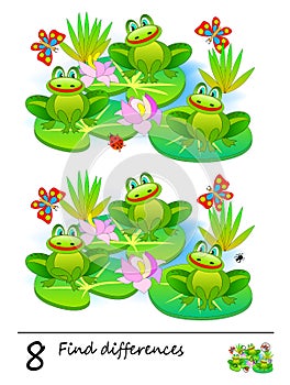 Find 8 differences. Logic puzzle game for children and adults. Printable page for kids textbook. Three cute frogs in the swamp.