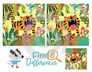 Find 8 differences mini game for children. Jungle theme with roaring tiger, snake, worm and dragonfly on the floral