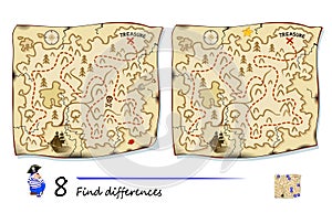 Find 8 differences. Pirate treasure island map Illustration. Logic puzzle game for children and adults. Page for kids brain teaser