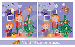 Find 9 differences. Educational puzzle game for children. Cute boy and girl in Christmas costume singing song. Vector