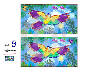 Find 9 differences. Illustration of flying parrot in jungle. Logic puzzle game for children and adults. Page for kids brain teaser