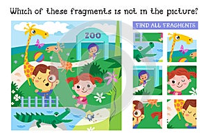 Find all fragments. Game for children. Cute children in zoo among animals. Cartoon character vector illustration.