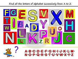 Find all the letters of alphabet successively from A to Z. Study ABC. Education in preschool.