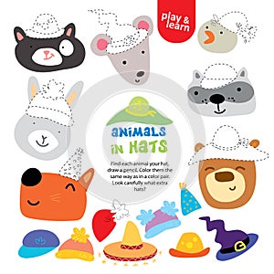 Find Animal Hat Children Game Printable Template