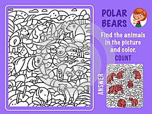 Find bears among snow and ice, color and count. Games for kids. Puzzle game with hidden objects. Funny cartoon photo