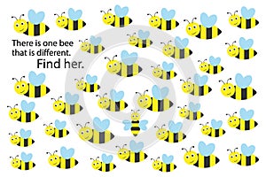 Find bee that different, spring fun education puzzle game for children, preschool worksheet activity for kids, task for the