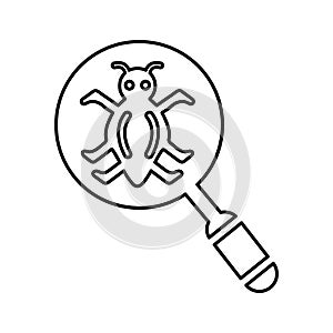 Find, Bug, code, development outline icon. Line art sketch