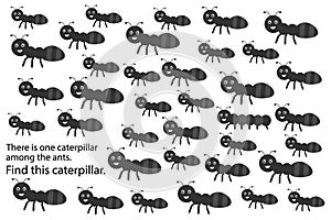 Find caterpillar among ants, spring fun education puzzle game for children, preschool worksheet activity for kids, task for the