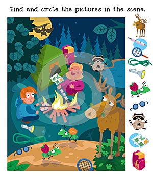 Find and circle 10 hidden objects. Puzzle game for children. Animals in the forest. Cute characters and a cartoon style