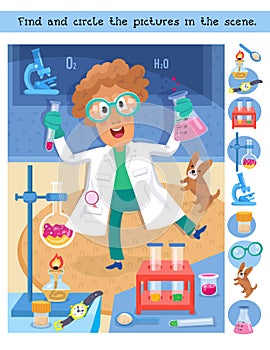 Find and circle 10 hidden objects. Puzzle game for kids. Chemical scientist made discovery among objects in lab. Vector