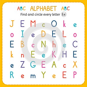 Find and circle every letter E. Worksheet for kindergarten and preschool. Exercises for children