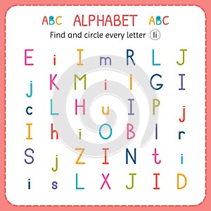 Find and circle every letter I. Worksheet for kindergarten and preschool. Exercises for children