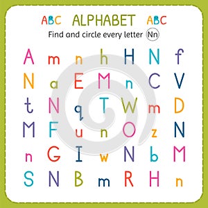 Find and circle every letter N. Worksheet for kindergarten and preschool. Exercises for children