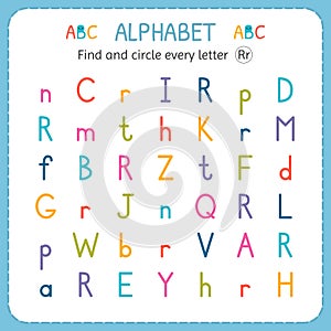 Find and circle every letter R. Worksheet for kindergarten and preschool. Exercises for children