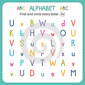Find and circle every letter V. Worksheet for kindergarten and preschool. Exercises for children photo