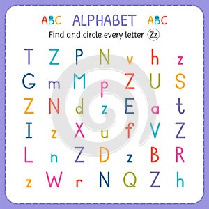 Find and circle every letter Z. Worksheet for kindergarten and preschool. Exercises for children