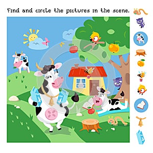 Find and circle hidden objects. Educational game for children. Animals on farm. Cartoon characters. Cute funny cows walk